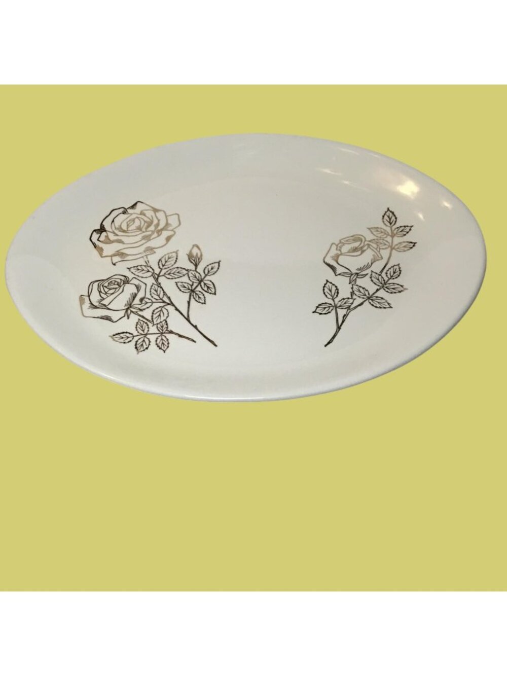 Vintage Oval Ceramic Plate With Gold Rose Design 13 Inches Made In USA